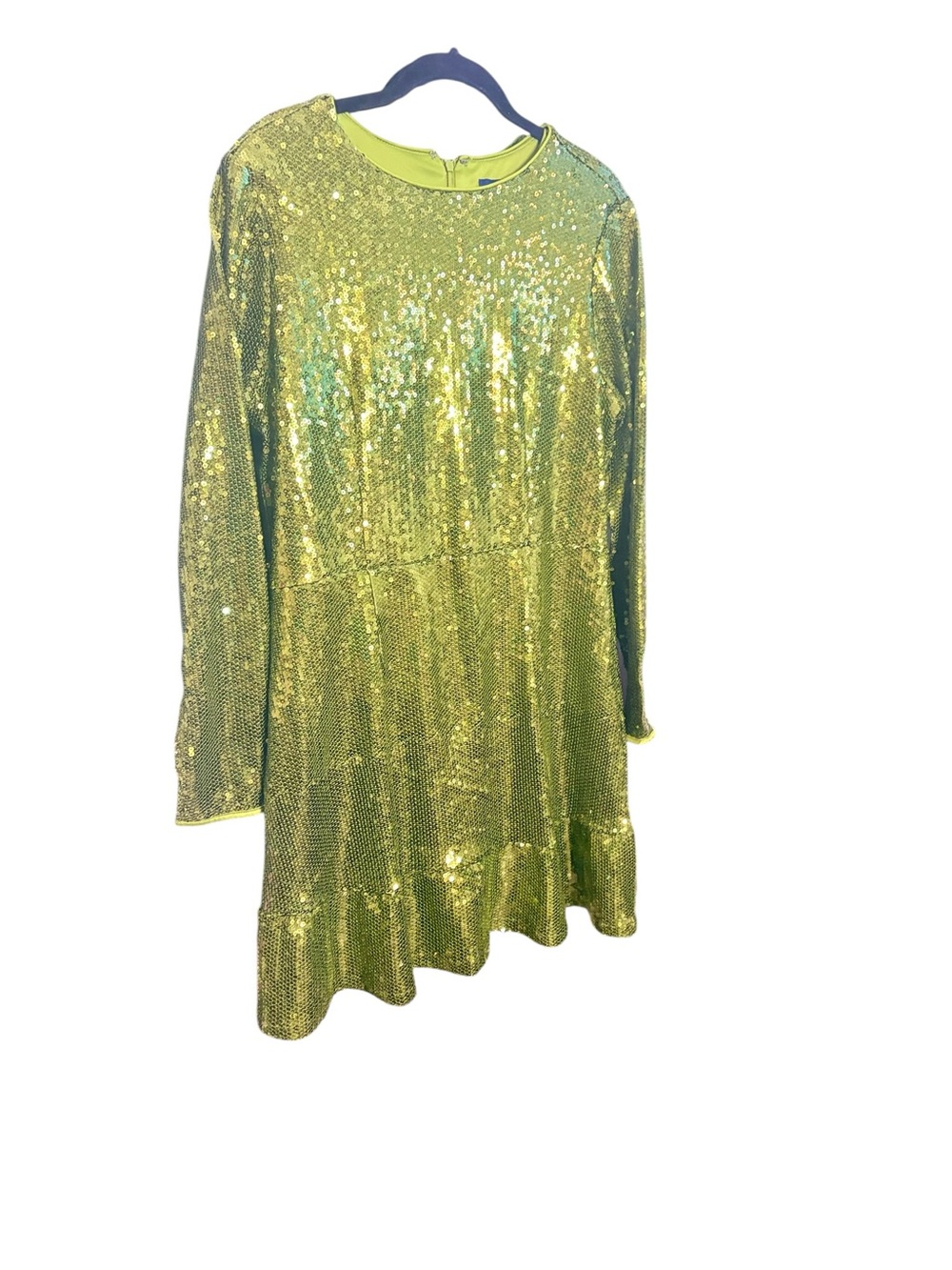 Scoops Neon Lime Sequin Long-Sleeve Ruffled Hem Short Mini Dress sz XL 16-18